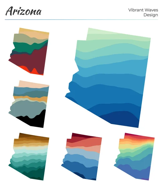 Set vectorkaarten van Arizona Levendige golven ontwerp Heldere kaart van ons staat in geometrische gladheid — Stockvector