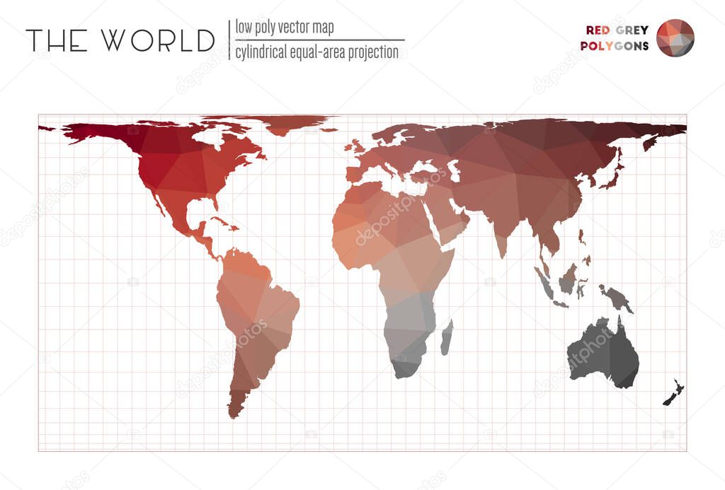 Polygonal map of the world Cylindrical equalarea projection of the world Red Grey colored