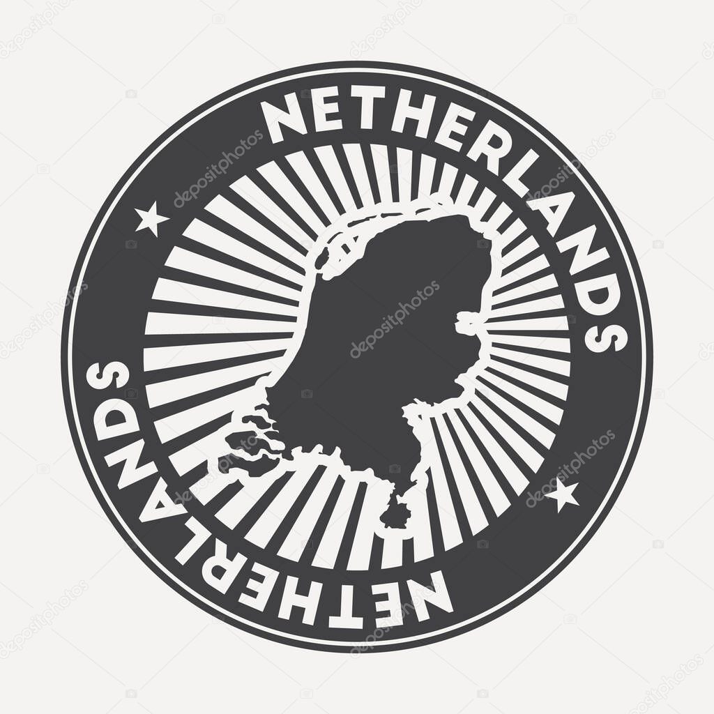 Netherlands round logo. Vintage travel badge with the circular name and map of country, vector illustration. Can be used as insignia, logotype, label, sticker or badge of the Netherlands.