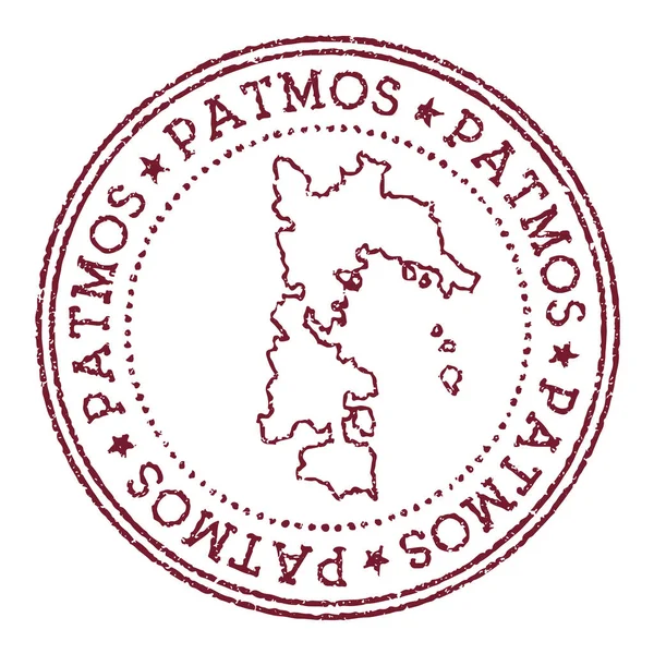 Sello de goma redonda Patmos con mapa insular Sello de pasaporte rojo vintage con texto circular y estrellas — Vector de stock
