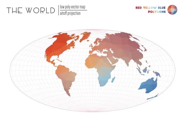 アブストラクト世界地図世界のアイトフ投影赤黄青色多角形エネルギー — ストックベクタ