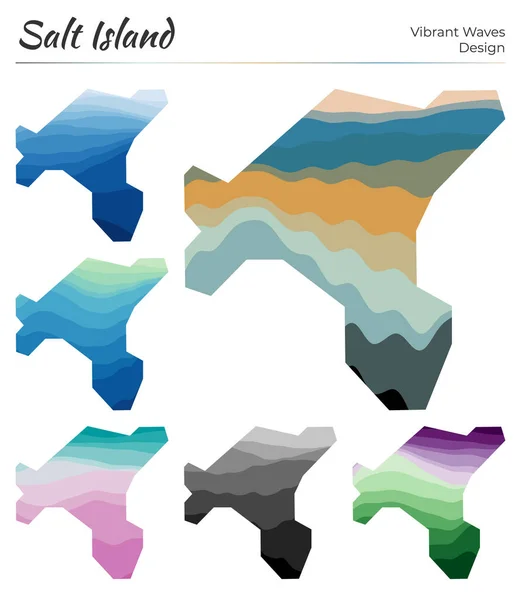 Set di mappe vettoriali di Salt Island Design a onde vibranti Luminosa mappa dell'isola in liscio geometrico — Vettoriale Stock
