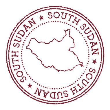 Güney Sudan yuvarlak kauçuk damgalı ülke haritası dairesel metin ve kırmızı pasaport damgalı
