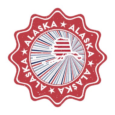 Alaska 'nın yuvarlak grunge pulu ile biz eyalet haritası ve ülke bayrağı dairesel metin ile vintage rozet ve