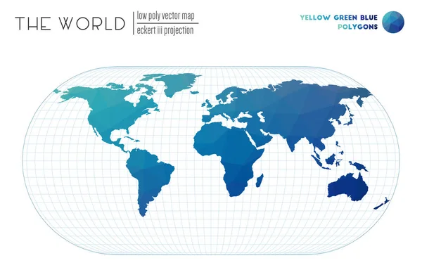 Vector kaart van de wereld Eckert III projectie van de wereld Geel Groen Blauw gekleurde polygonen — Stockvector