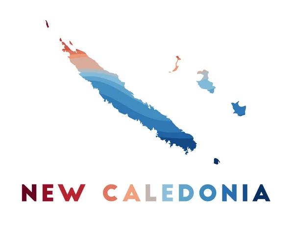 Nya Kaledonien karta Karta över landet med vackra geometriska vågor i röda blå färger Vivid New — Stock vektor