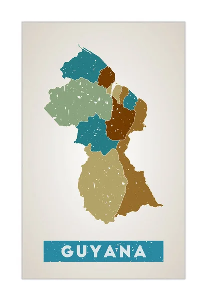 Guyana térkép Ország plakát régiókkal Régi grunge textúra Guyana alakja országnévvel — Stock Vector
