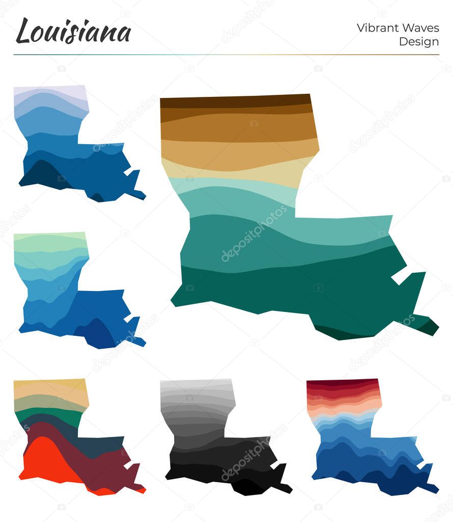 Set of vector maps of Louisiana Vibrant waves design Bright map of us state in geometric smooth