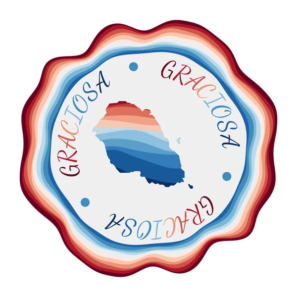 Graciosa badge Mappa dell'isola con belle onde geometriche e vibrante cornice blu rosso Vivido — Vettoriale Stock