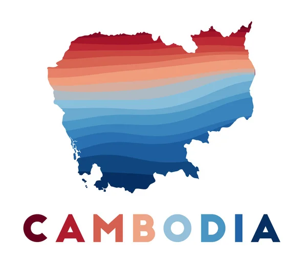 Carte du Cambodge Carte du pays avec de belles vagues géométriques en couleurs bleu rouge Cambodge vif — Image vectorielle