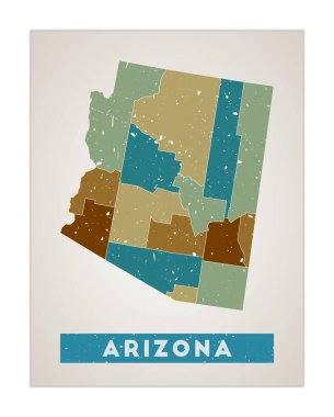 Arizona Haritası. Bölgeli eyalet posteri. Arizona 'nın eski grunge desenli şekli.
