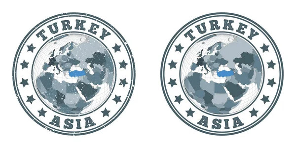 Turkiet runda logotyper Cirkulära märken av land med karta över Turkiet i världssammanhang Plain och — Stock vektor