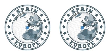 Spain round logos Circular badges of country with map of Spain in world context Plain and textured clipart