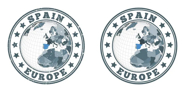 Espanha logótipos redondos Distintivos circulares do país com mapa da Espanha no contexto mundial Simples e texturizado — Vetor de Stock