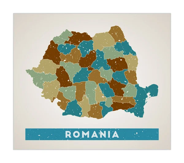 Carte Roumanie Affiche de pays avec régions Vieille texture grunge Forme de la Roumanie avec le nom du pays — Image vectorielle