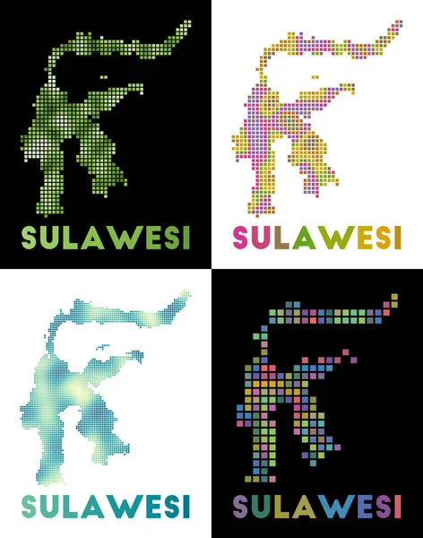 Mapa de Sulawesi Colección de mapa de Sulawesi en estilo punteado Fronteras de la isla llenas de — Vector de stock