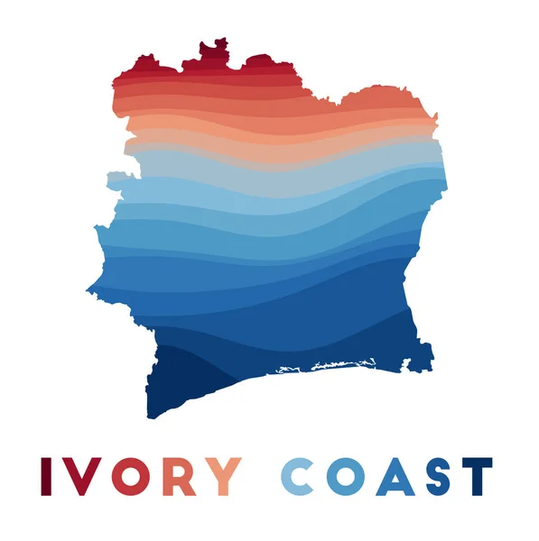 Mapa de Costa de Marfil Mapa del país con hermosas olas geométricas en colores azules rojos Marfil vivo — Vector de stock