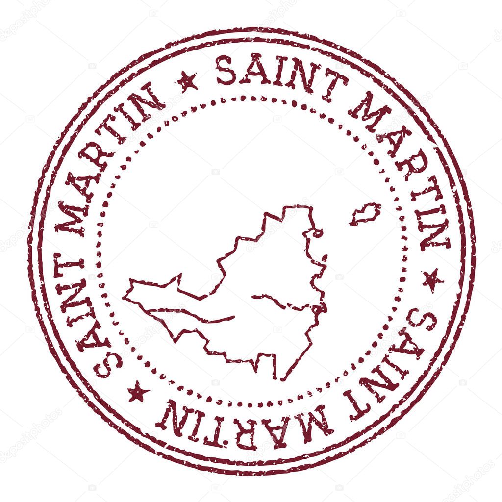 Saint Martin round rubber stamp with island map Vintage red passport stamp with circular text and