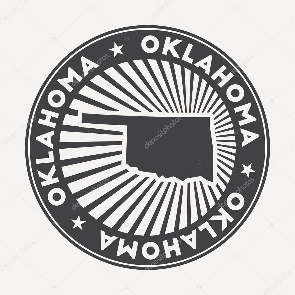 Oklahoma round logo. Vintage travel badge with the circular name and map of us state, vector illustration. Can be used as insignia, logotype, label, sticker or badge of the Oklahoma.