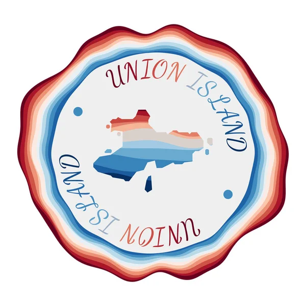 Union Island badge Kaart van het eiland met prachtige geometrische golven en een levendig rood blauw frame — Stockvector