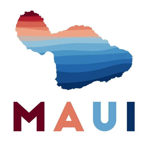 Mapa de Maui Mapa de la isla con hermosas olas geométricas en colores azules rojos Forma viva de Maui — Vector de stock