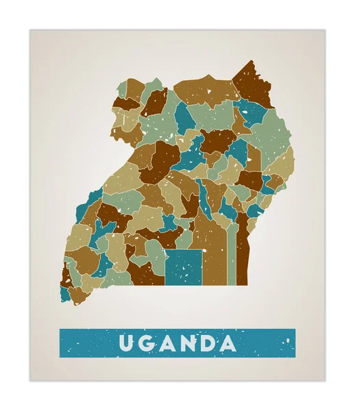 우간다 지도 ( 영어 ) Country poster with region Old grunge texture Shape of Uganda with country name — 스톡 벡터