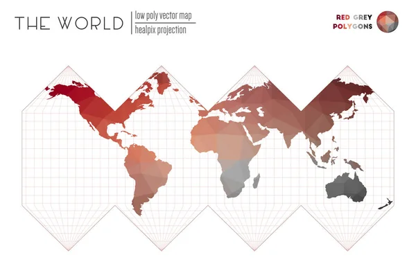 多角形の世界地図｜HEALPix projection of the world赤灰色の多角形現代的なベクトル — ストックベクタ