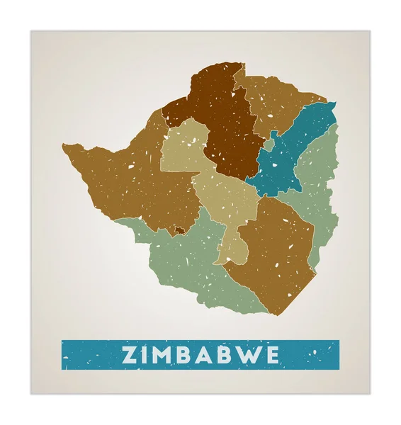 Zimbabwe mappa Poster paese con regioni Vecchio grunge texture Forma dello Zimbabwe con il nome del paese — Vettoriale Stock