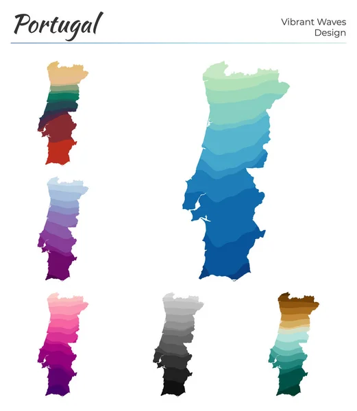 Conjunto de mapas vetoriais de Portugal Design de ondas vibrantes Mapa brilhante do país em geométrico liso —  Vetores de Stock