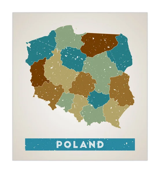 Polonia mappa Poster paese con regioni Vecchio grunge texture Forma della Polonia con il nome del paese — Vettoriale Stock