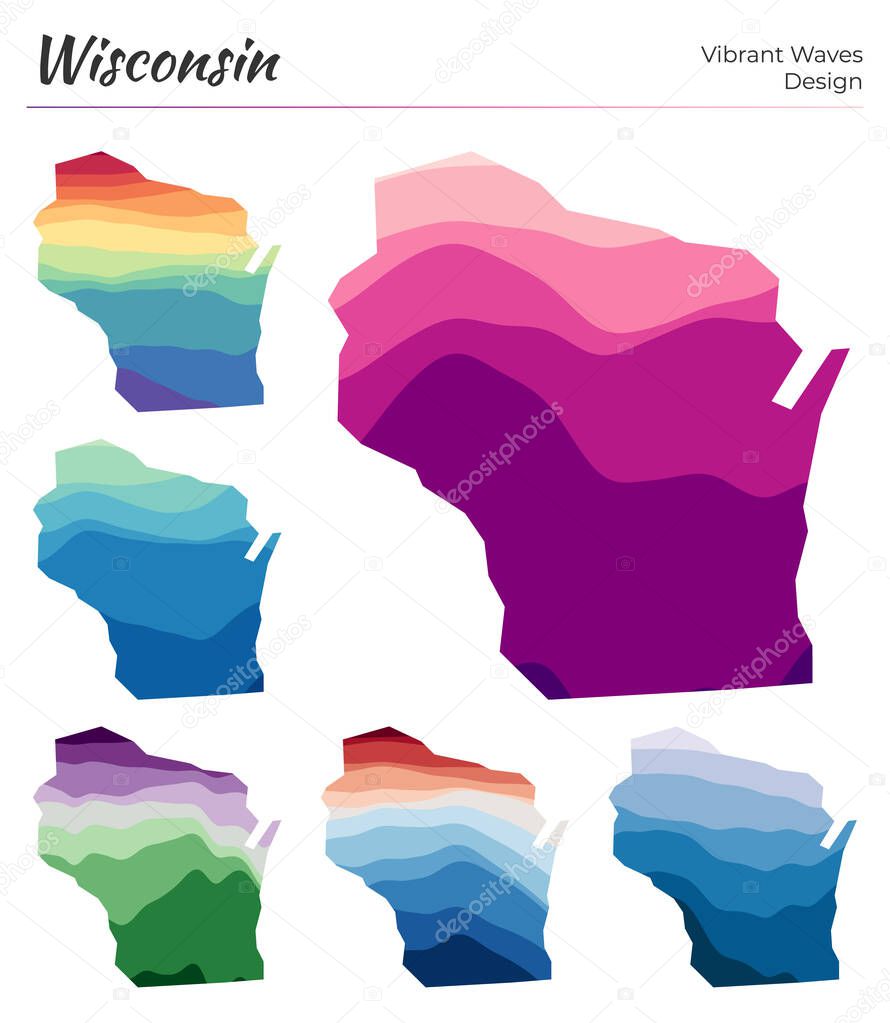 Set of vector maps of Wisconsin Vibrant waves design Bright map of us state in geometric smooth