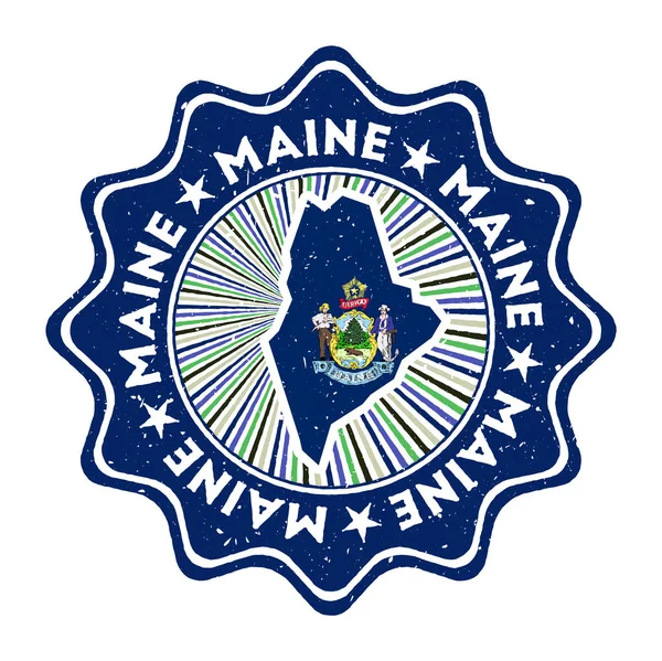 Maine rotondo grunge timbro con noi mappa di stato e bandiera di stato distintivo Vintage con testo circolare e — Vettoriale Stock