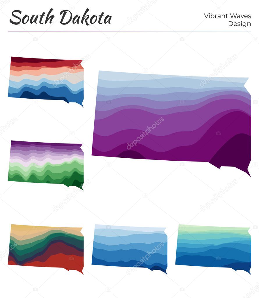 Set of vector maps of South Dakota Vibrant waves design Bright map of us state in geometric smooth