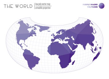 Dünyanın soyut dünya haritası Armadillo projeksiyonu Mor Tonlar renkli çokgenler Güzel