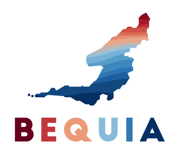 Bequia kaart Kaart van het eiland met prachtige geometrische golven in rood blauwe kleuren Levendige Bequia vorm — Stockvector