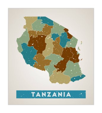 Tanzanya Harita Ülke posteri ile bölgeler Eski grunge desen şekli ile Tanzanya ülke adı ile