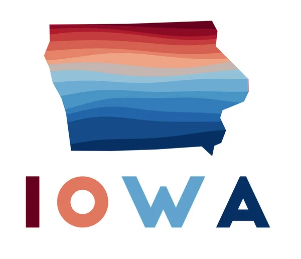 Iowa mapa Mapa do estado dos EUA com belas ondas geométricas em vermelho cores azuis Vivid Iowa forma — Vetor de Stock