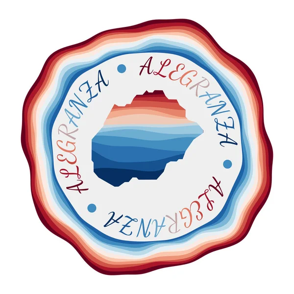 Insignia de Alegranza Mapa de la isla con hermosas olas geométricas y vibrante marco rojo azul Vivid — Vector de stock