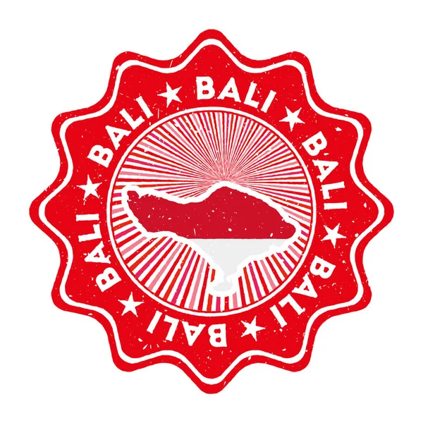 Bali timbro grunge rotondo con mappa dell'isola e bandiera di campagna Badge vintage con testo circolare e — Vettoriale Stock
