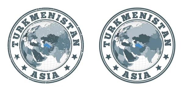 Τουρκμενιστάν στρογγυλό λογότυπο Εγκύκλιος σήματα της χώρας με χάρτη του Τουρκμενιστάν σε παγκόσμιο πλαίσιο — Διανυσματικό Αρχείο