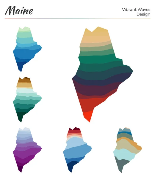 Maine Vibrant dalga dizaynının vektör haritaları. Parlak haritamız geometrik düz eğrilerle ifade edilir. — Stok Vektör