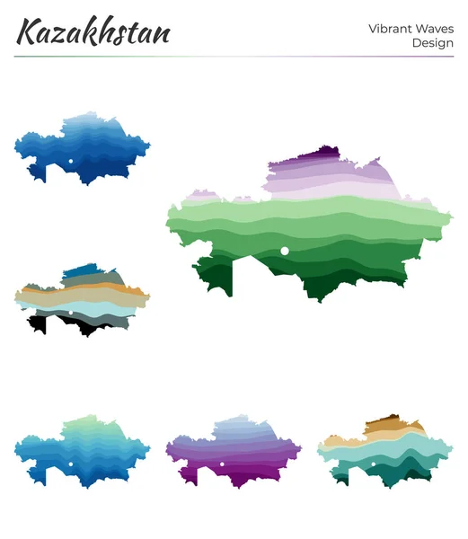 Uppsättning vektorkartor över Kazakstan Vibrerande vågors design Ljus karta över landet i geometrisk jämn — Stock vektor