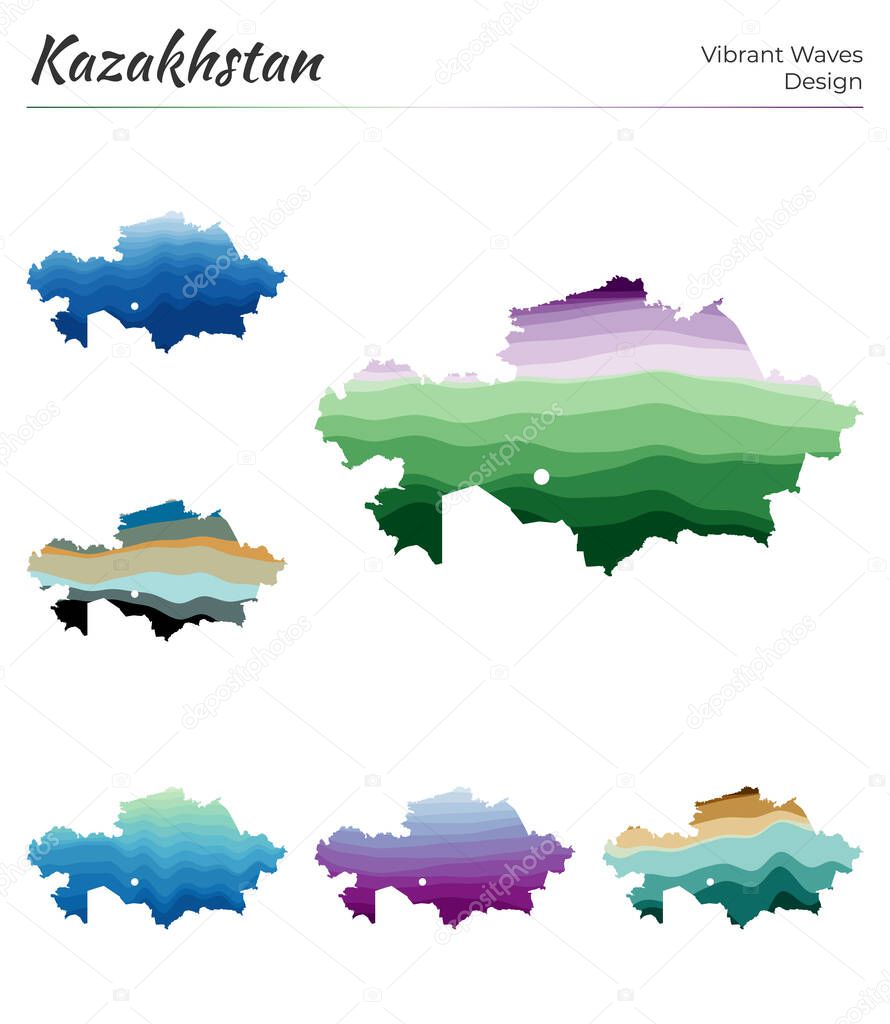 Set of vector maps of Kazakhstan Vibrant waves design Bright map of country in geometric smooth