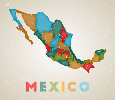 Meksika haritası renkli bölgelere sahip ülke posteri Meksika 'nın eski grunge doku taşıyıcı illüstrasyonu