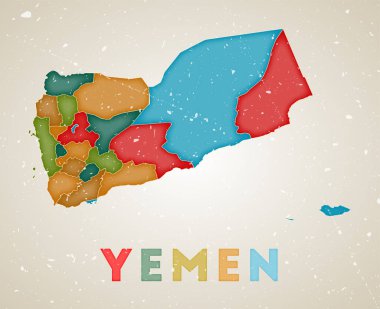 Yemen Haritası Yemen 'in eski grunge doku temsilciliği renkli bölgeleriyle ülke posteri