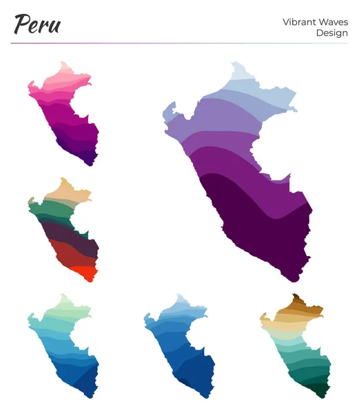 Conjunto de mapas vetoriais do Peru Design de ondas vibrantes Mapa brilhante do país em curvas geométricas lisas —  Vetores de Stock