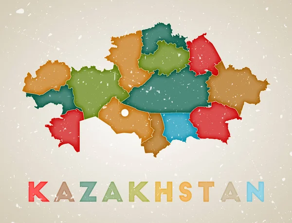Καζακστάν χάρτης Χώρα αφίσα με χρωματιστές περιοχές Παλιά grunge υφή Διάνυσμα εικονογράφηση του — Διανυσματικό Αρχείο