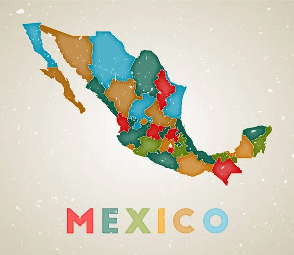Mexico map Country poster with colored regions Old grunge texture Vector illustration of Mexico — Stock Vector