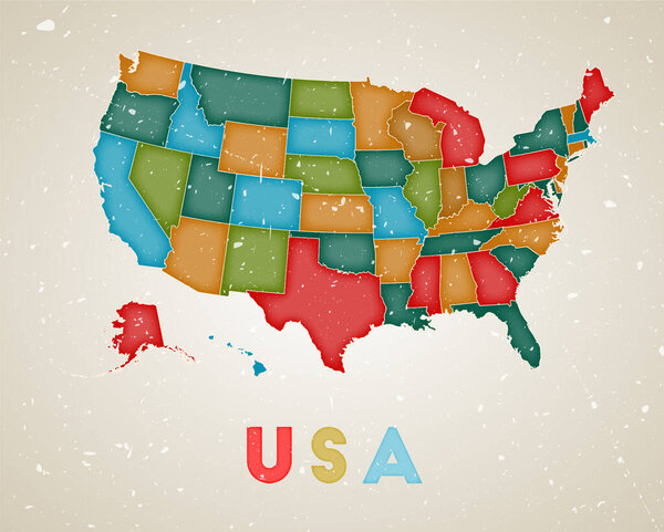 USA map Country poster with colored regions Old grunge texture Vector illustration of USA with