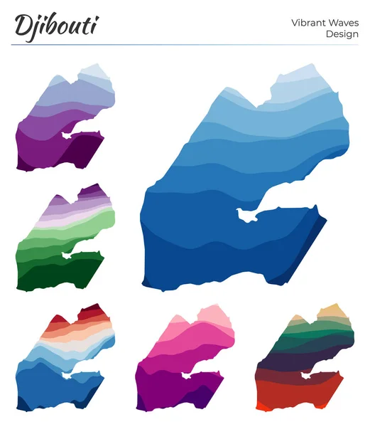 Set di mappe vettoriali del Gibuti Design a onde vibranti Luminosa mappa del paese in liscio geometrico — Vettoriale Stock